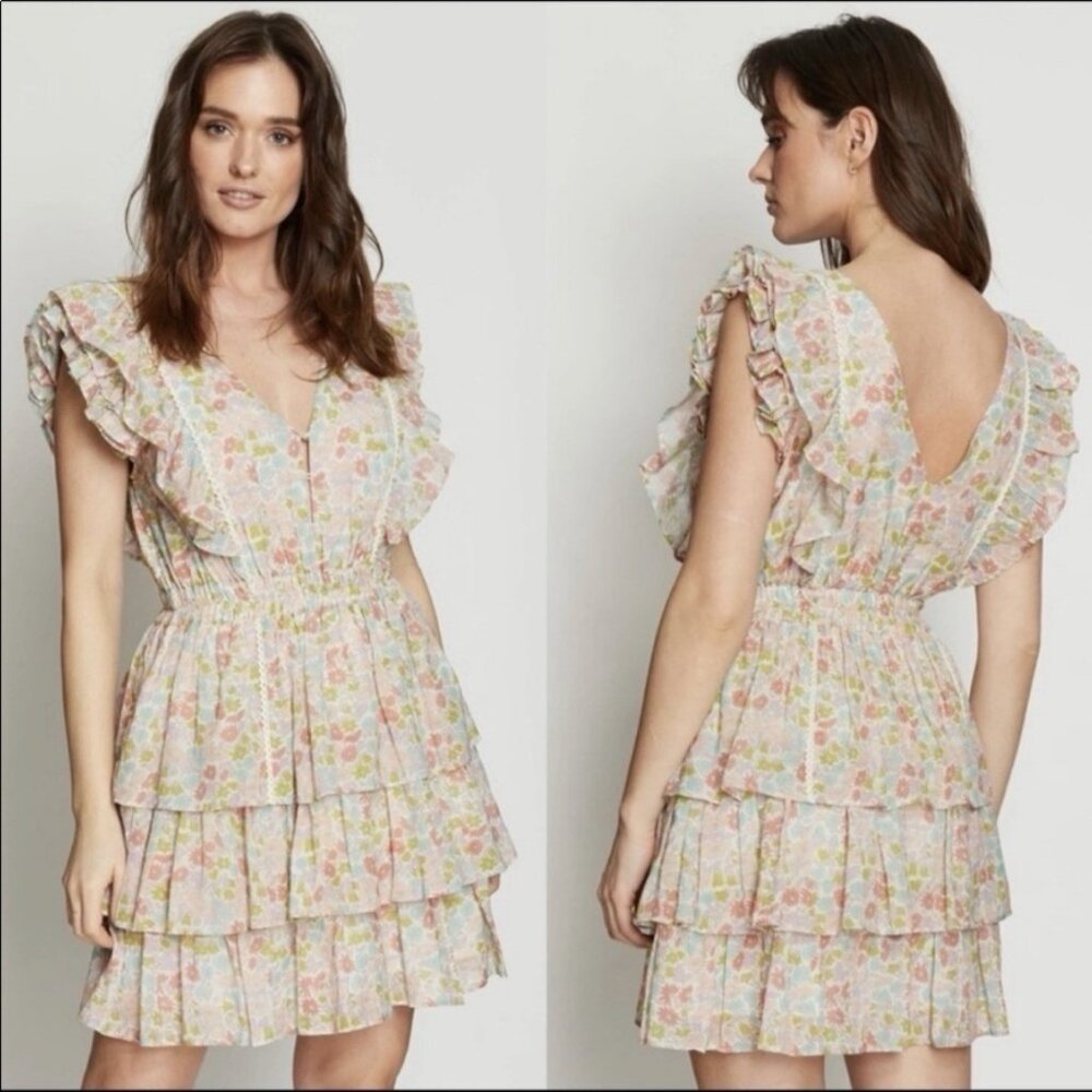 Anthropologie Love The Label Ines Dress Ivory Floral Tiered Ruffle Mini S